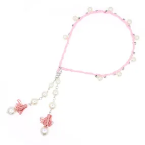 Fabric Wrapped Hair Band Headband with Glass Pearls Rhinestones and Earring-like Tassels Pink