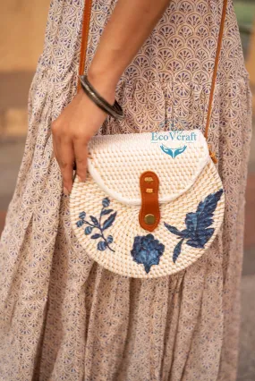Floral Fiesta White Half Moon Crossbody Sling Bag