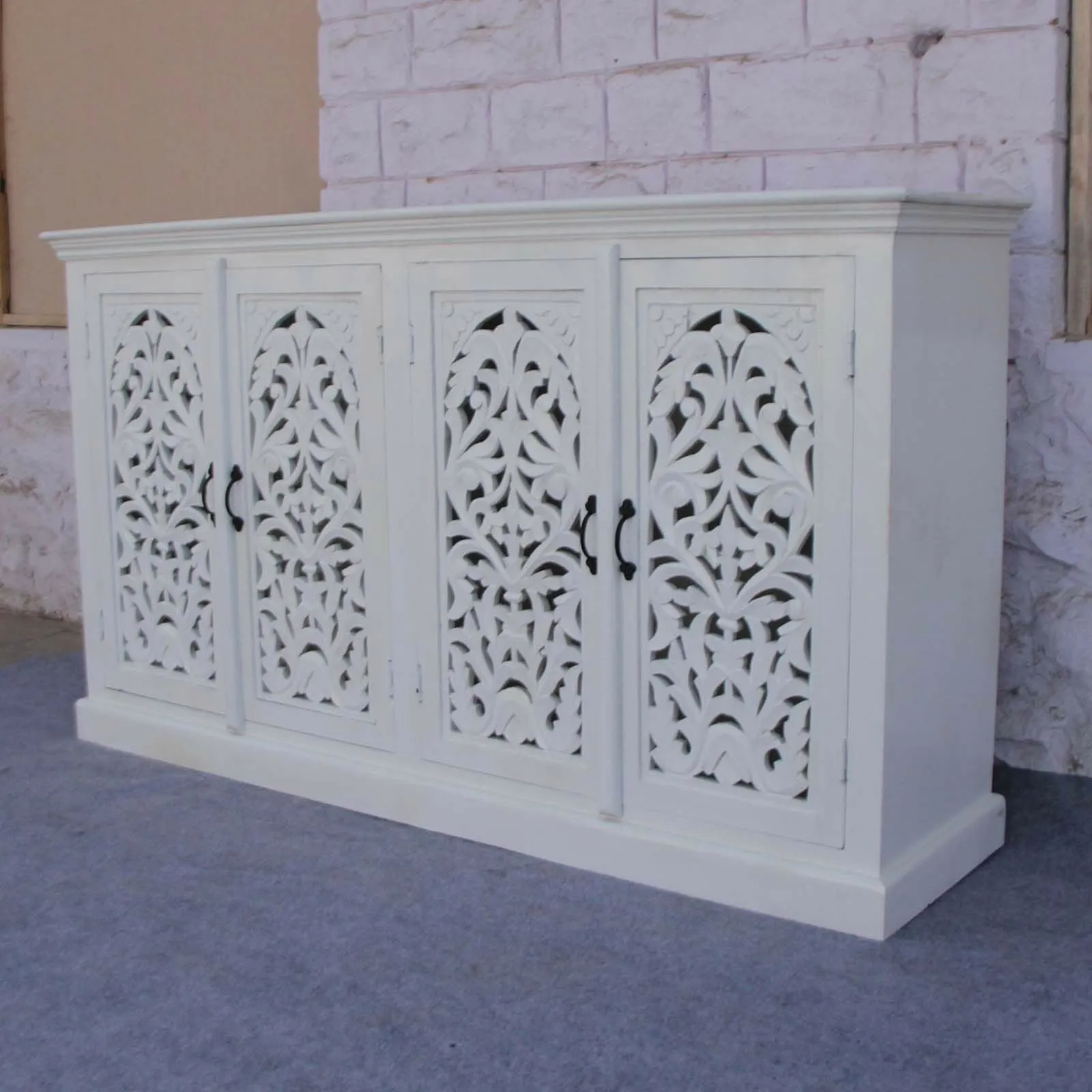 Floral Jali Design Hand Carved Sideboard White 160cm