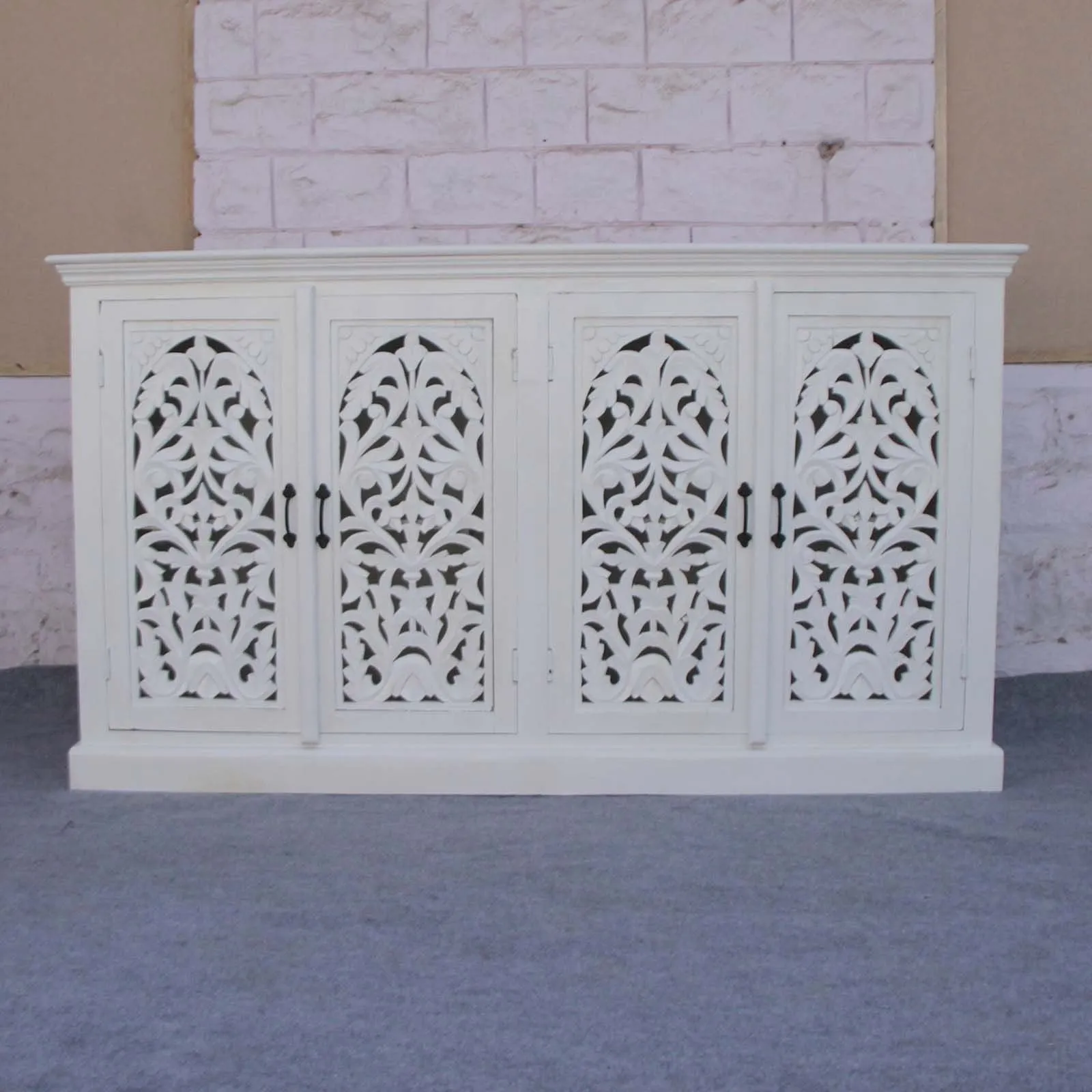 Floral Jali Design Hand Carved Sideboard White 160cm