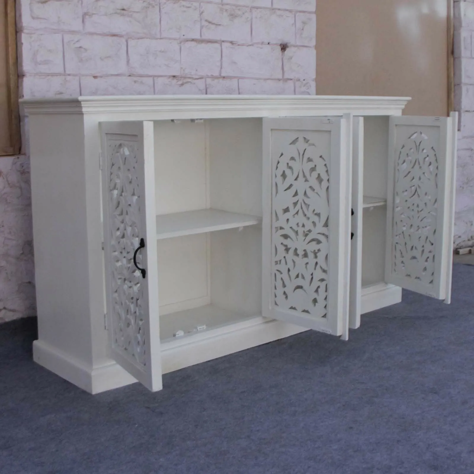 Floral Jali Design Hand Carved Sideboard White 160cm