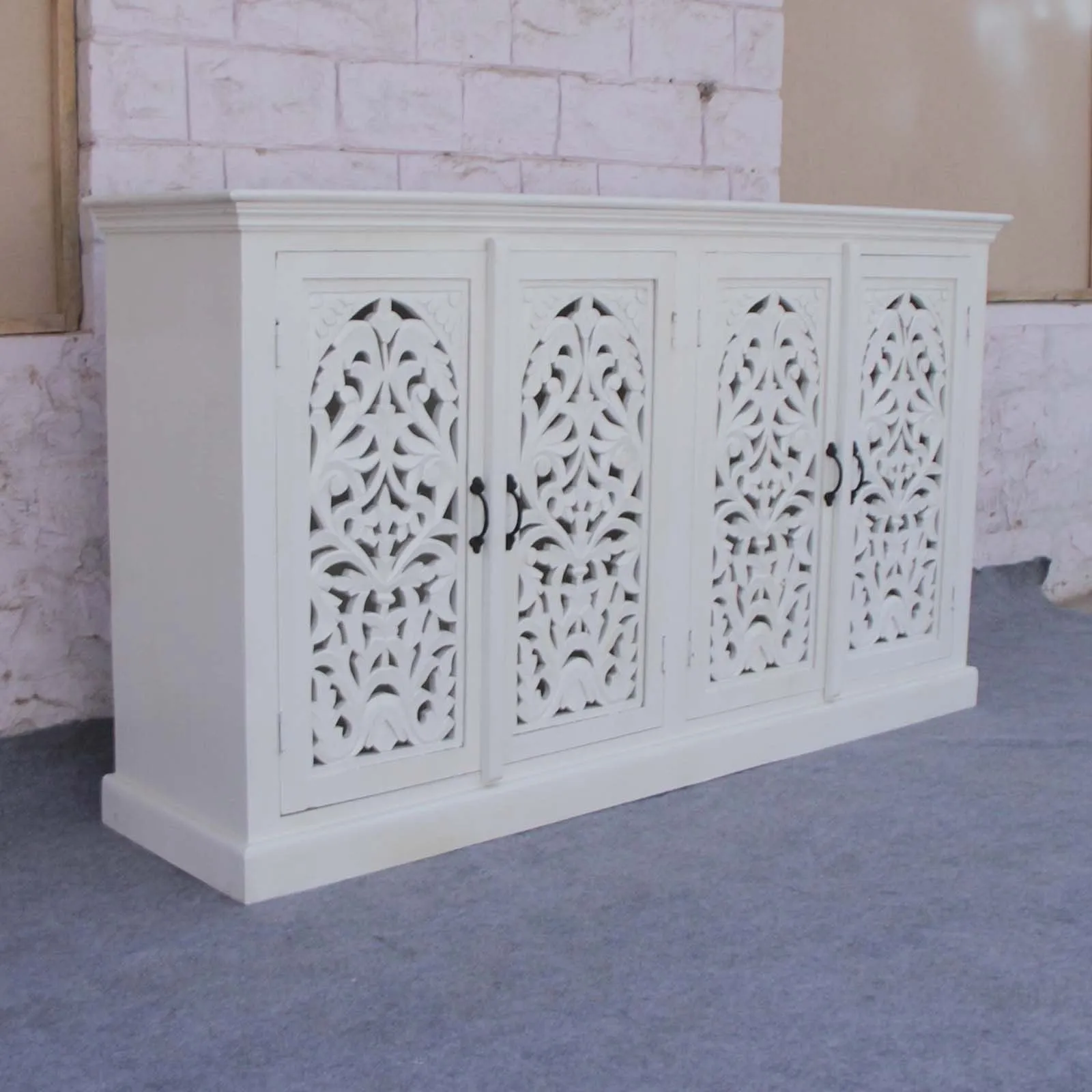 Floral Jali Design Hand Carved Sideboard White 160cm