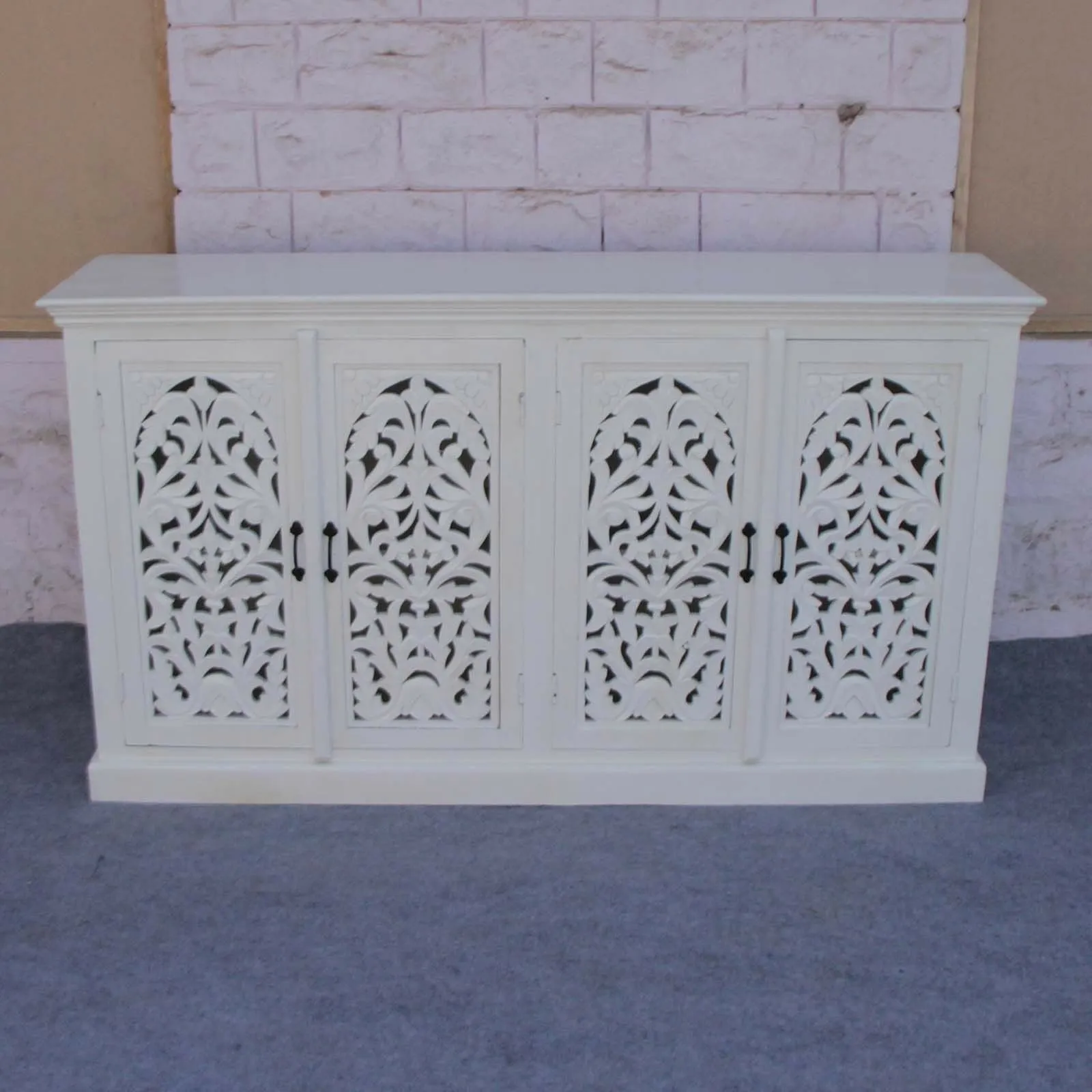 Floral Jali Design Hand Carved Sideboard White 160cm