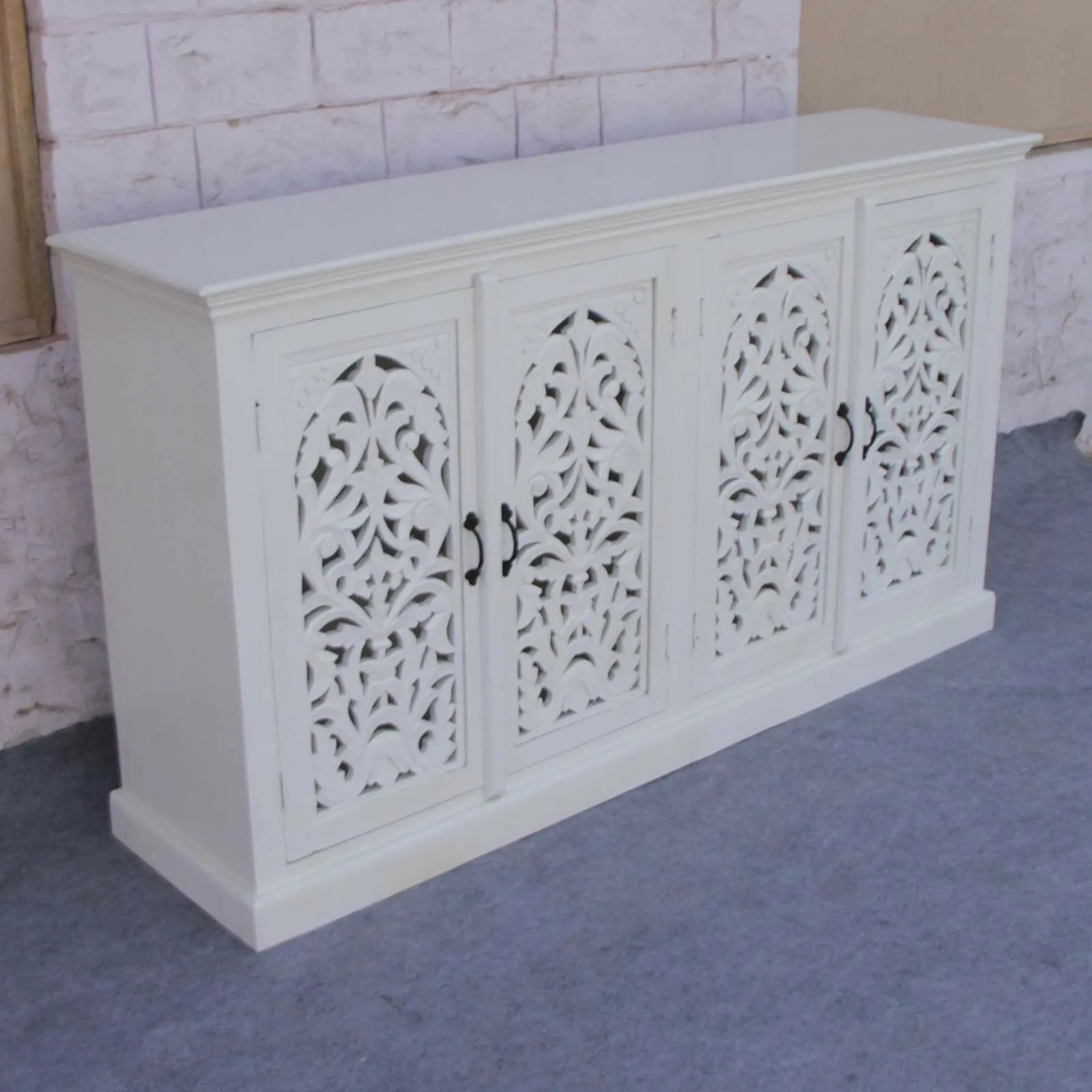 Floral Jali Design Hand Carved Sideboard White 160cm