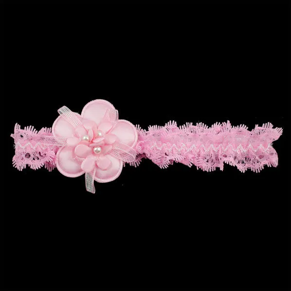 Girls Lace Stretch Headband with Flower and Pearls Pink