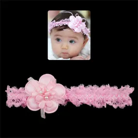 Girls Lace Stretch Headband with Flower and Pearls Pink