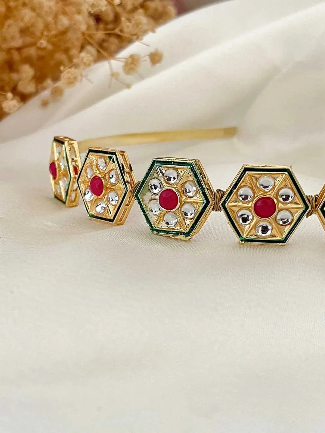 Gold Embellished Meenakari Brooch Hairband