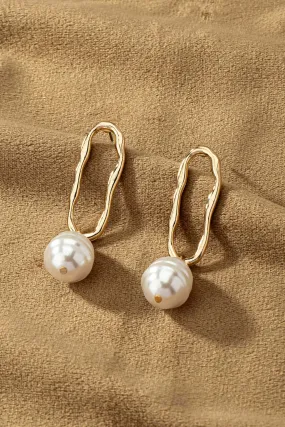 Gold Hammered Oval Hoop Pearl Drop Earrings
