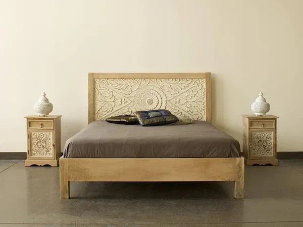Handcarved Solid Wood Indian King Size Bed White