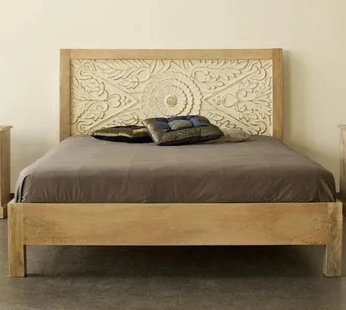 Handcarved Solid Wood Indian King Size Bed White