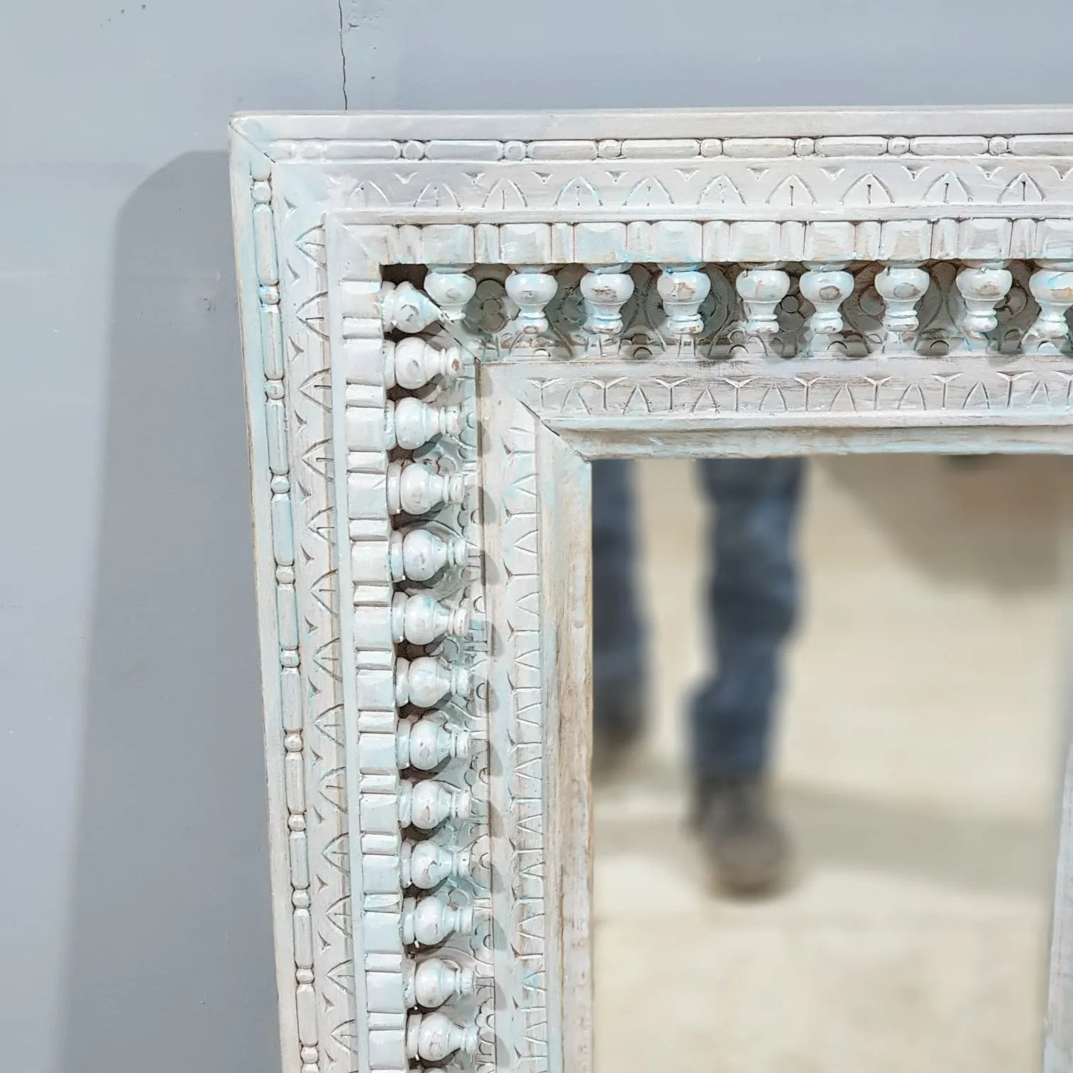 Handcrafted Indian Furniture Carved Wooden Mirror Frame Bluewash 90X5X60CM