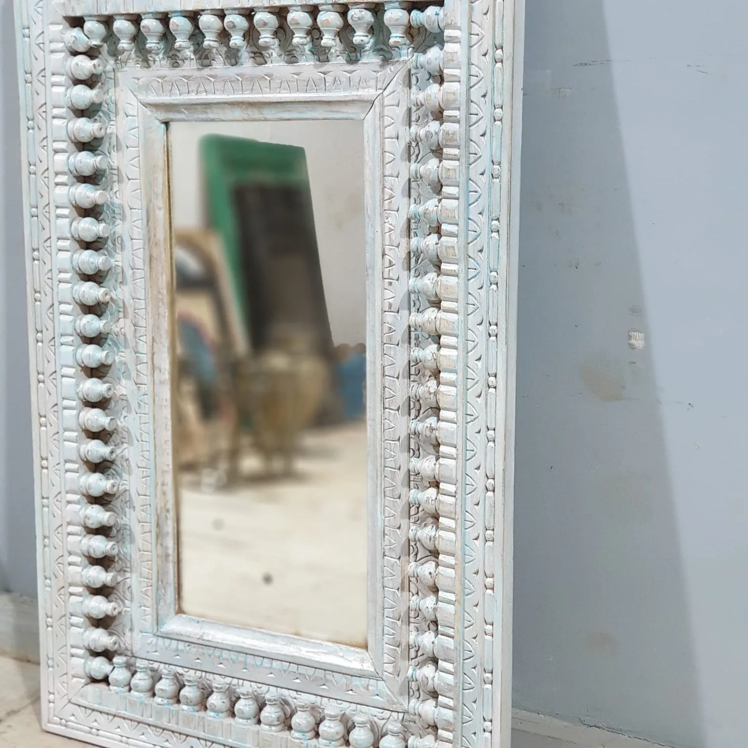 Handcrafted Indian Furniture Carved Wooden Mirror Frame Bluewash 90X5X60CM