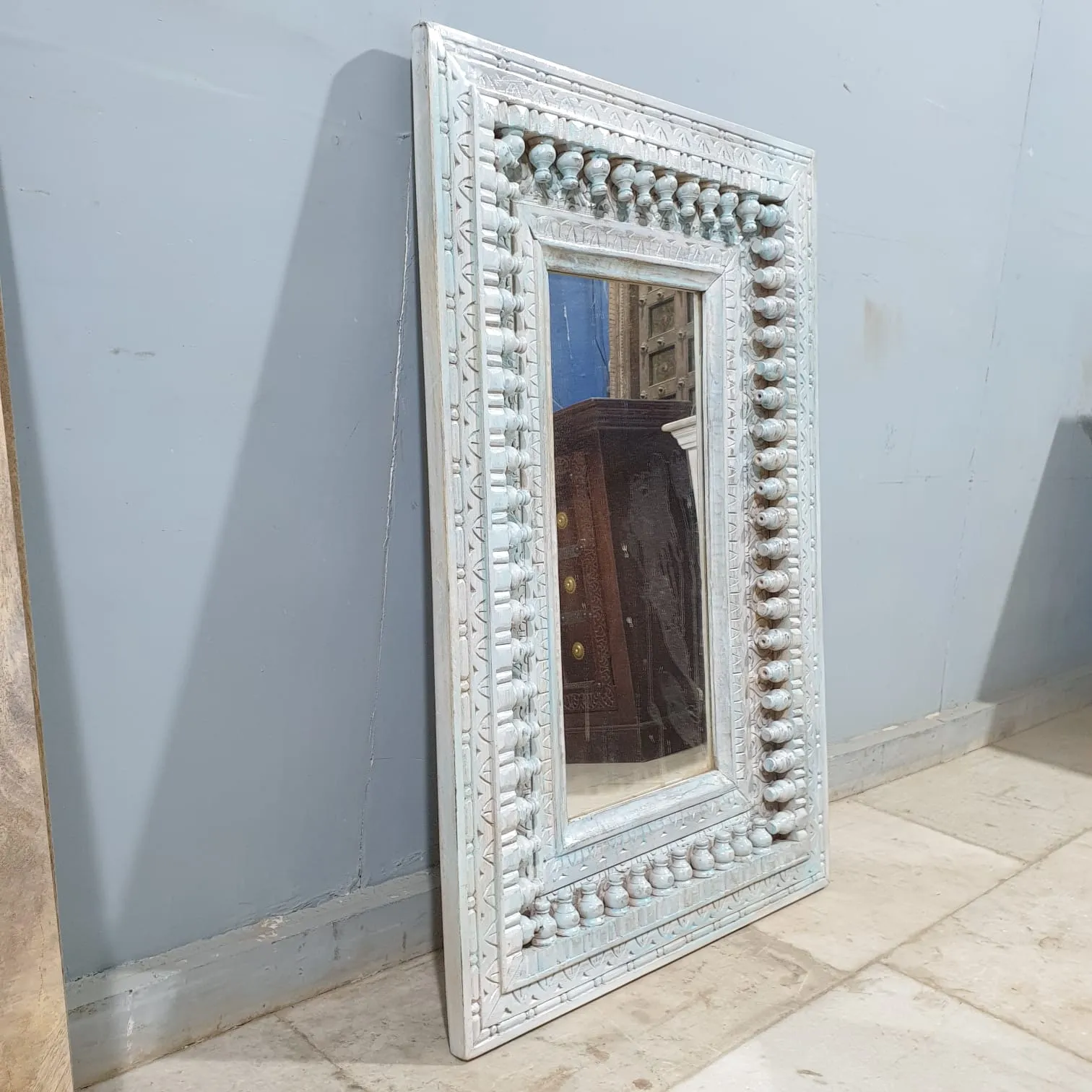 Handcrafted Indian Furniture Carved Wooden Mirror Frame Bluewash 90X5X60CM