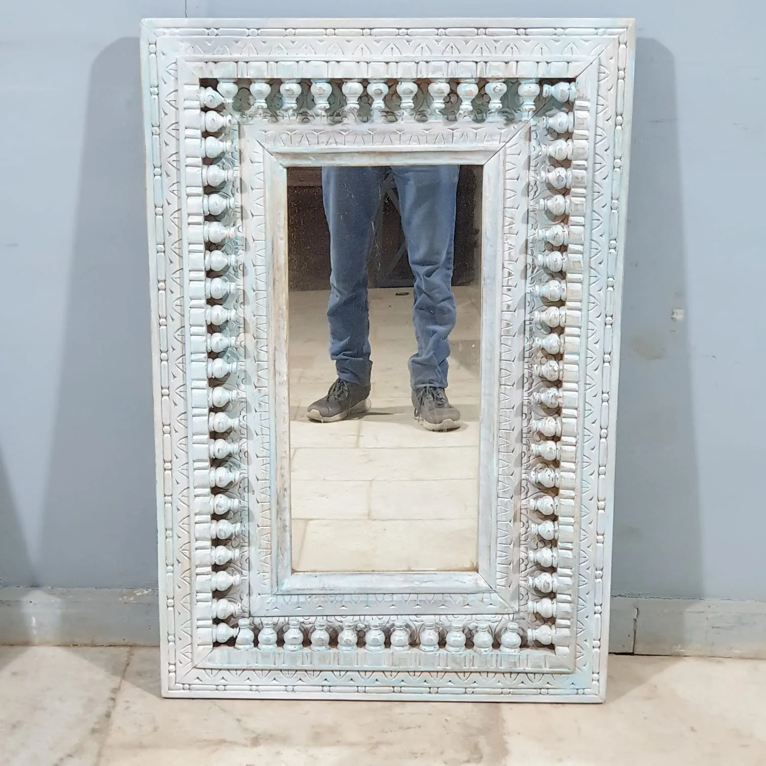 Handcrafted Indian Furniture Carved Wooden Mirror Frame Bluewash 90X5X60CM