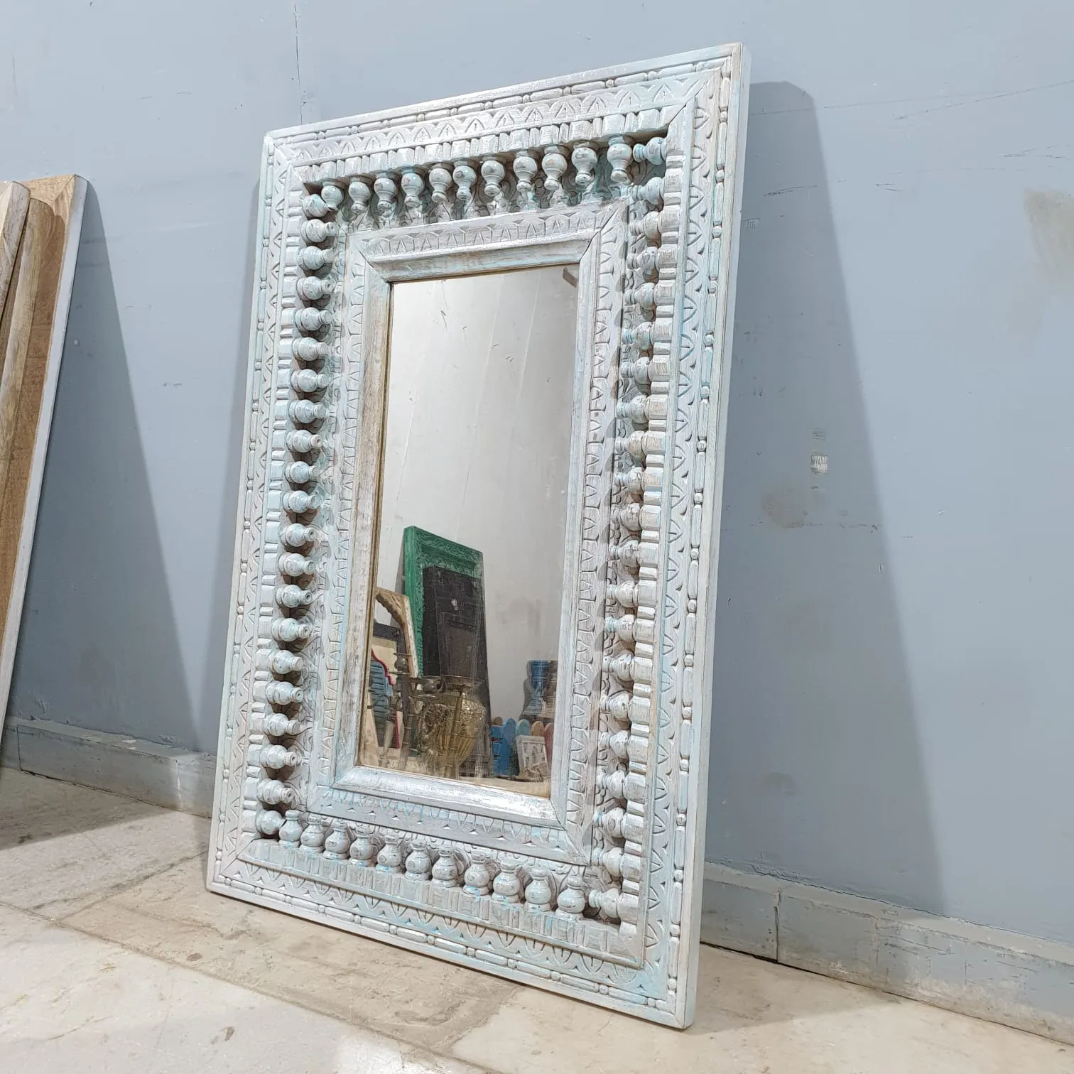 Handcrafted Indian Furniture Carved Wooden Mirror Frame Bluewash 90X5X60CM