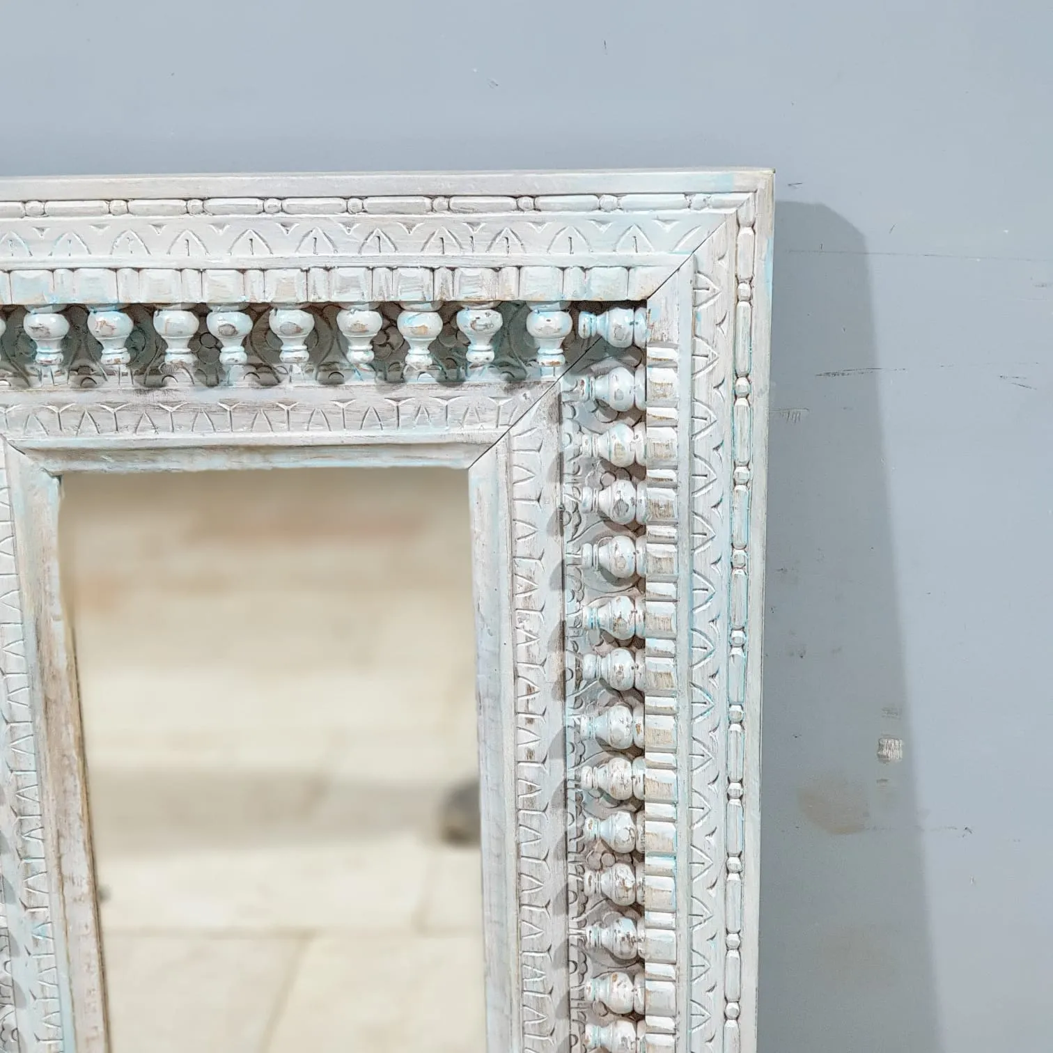 Handcrafted Indian Furniture Carved Wooden Mirror Frame Bluewash 90X5X60CM