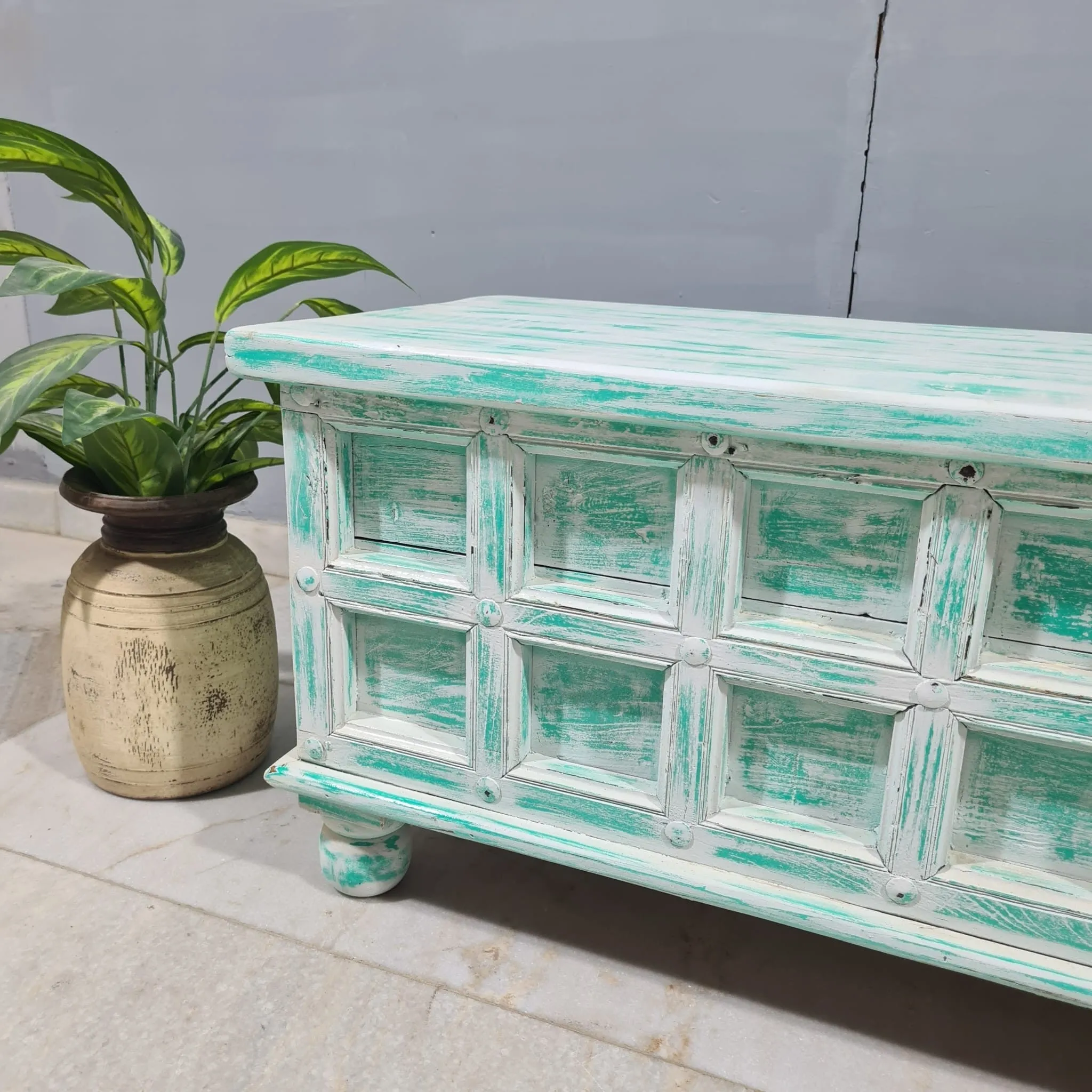 Handmade Indian Hand Carved Solid Hard Wood Old Door Blanket Box 140x45x45cm