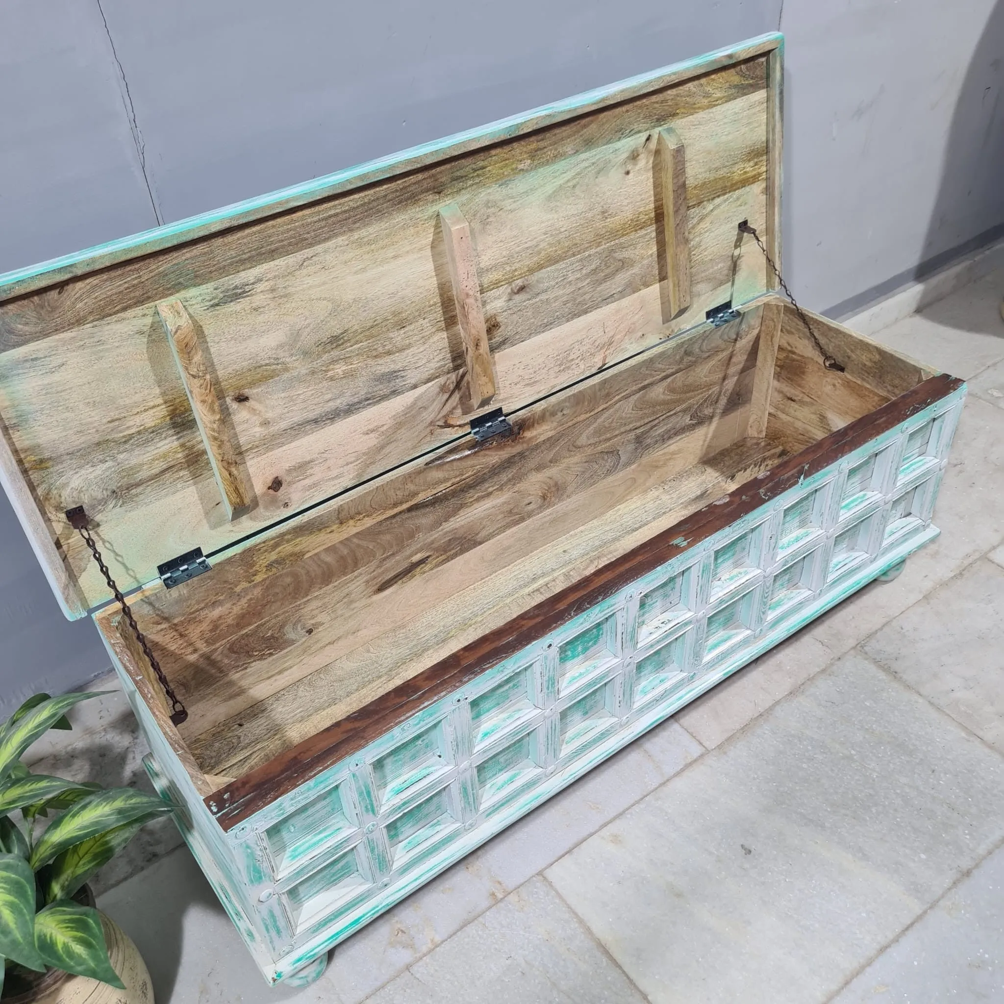 Handmade Indian Hand Carved Solid Hard Wood Old Door Blanket Box 140x45x45cm