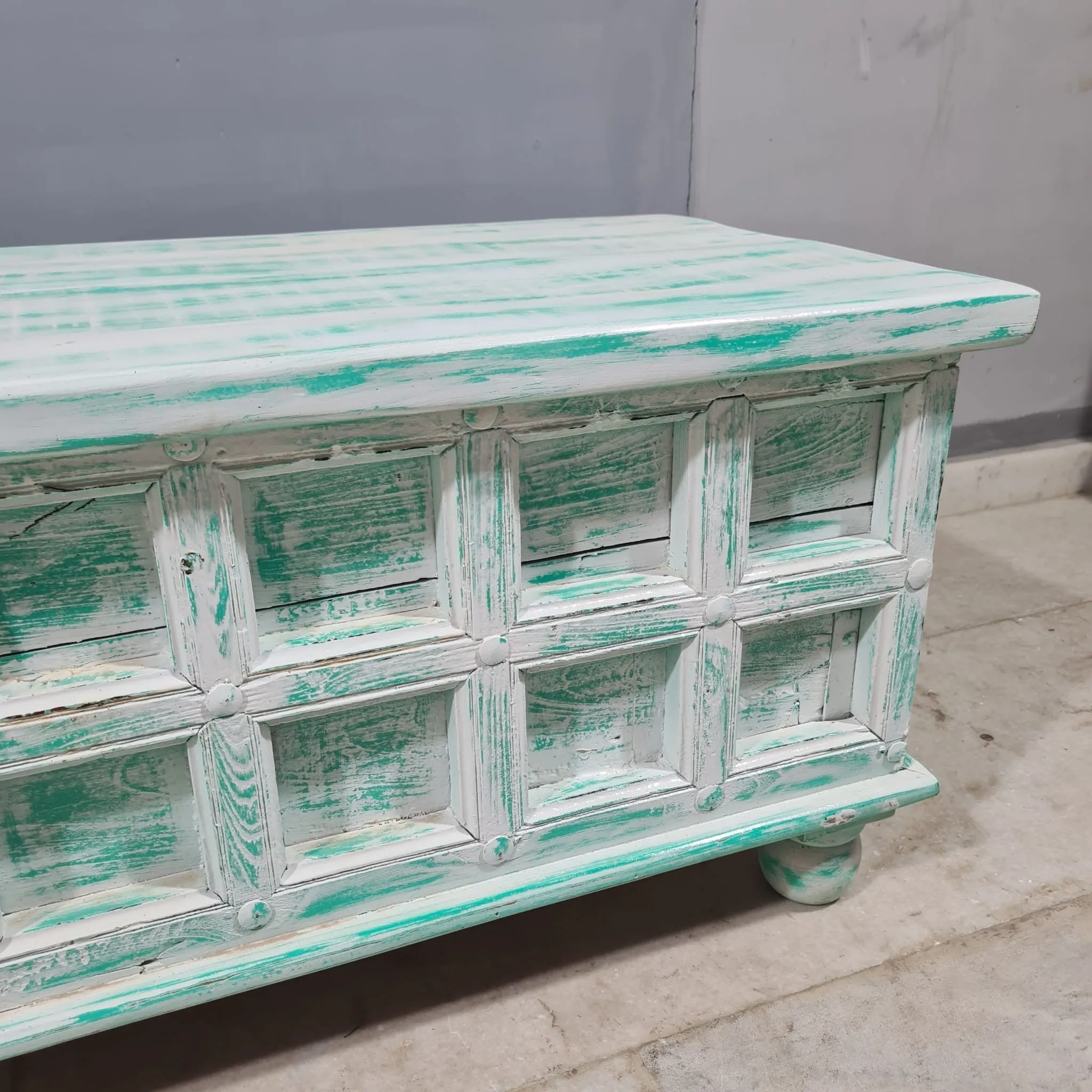 Handmade Indian Hand Carved Solid Hard Wood Old Door Blanket Box 140x45x45cm