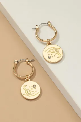 Huggie Hoop with Dangling Coin Engraved moon, hand & stars