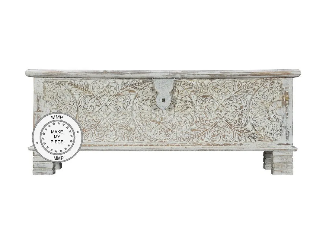 Indian Hand Carved White Chest Storage Box Blanket Box