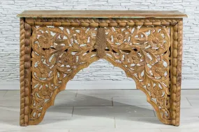 Indian Hand Jali Carved Floral Indian Solid wood Console Table Natural 114x36x78cm