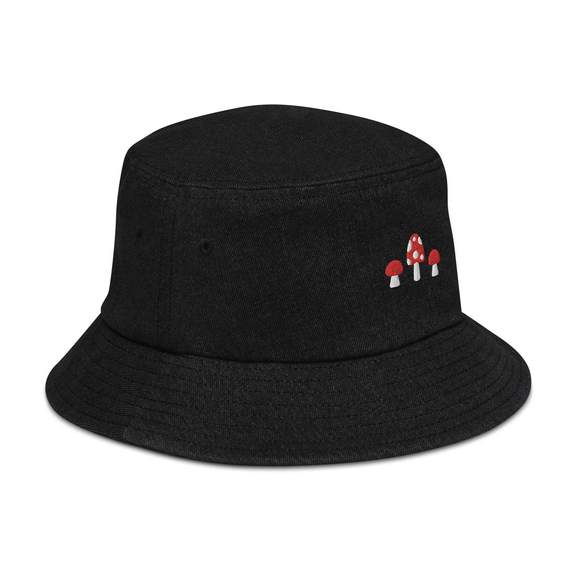 Mushrooms Embroidered Denim Bucket Hat