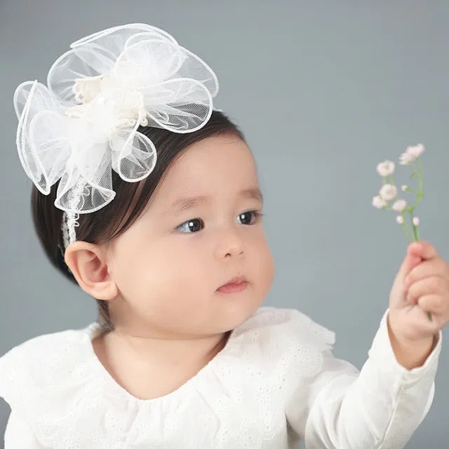 New Hair Accessories Girls Turban Headwear Baby Headband Bow Pearl Lace Hair Band Headband White Solid Lovely Band