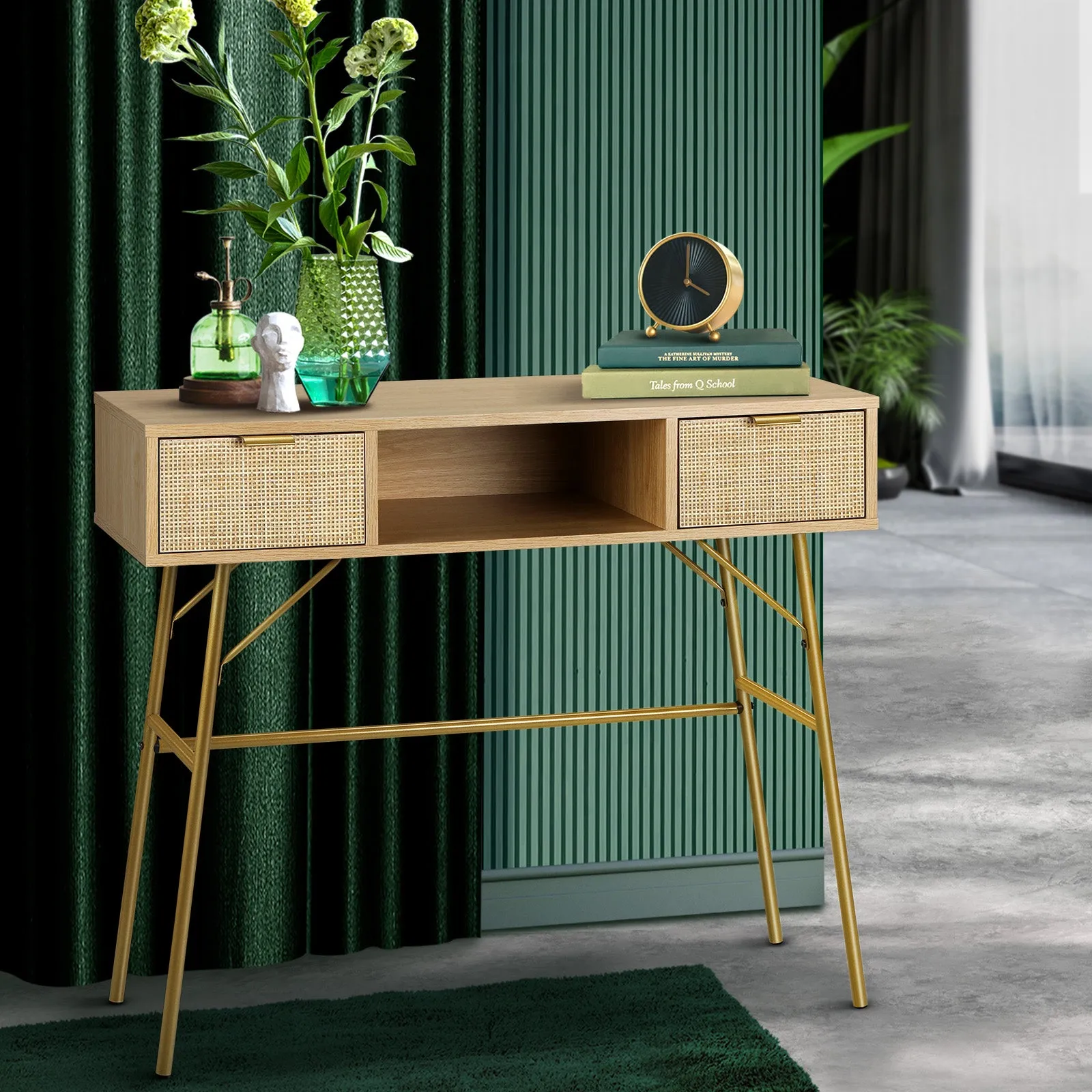 Oikiture Rattan Hall Console Table Hallway Side Desk Entry Display Furniture