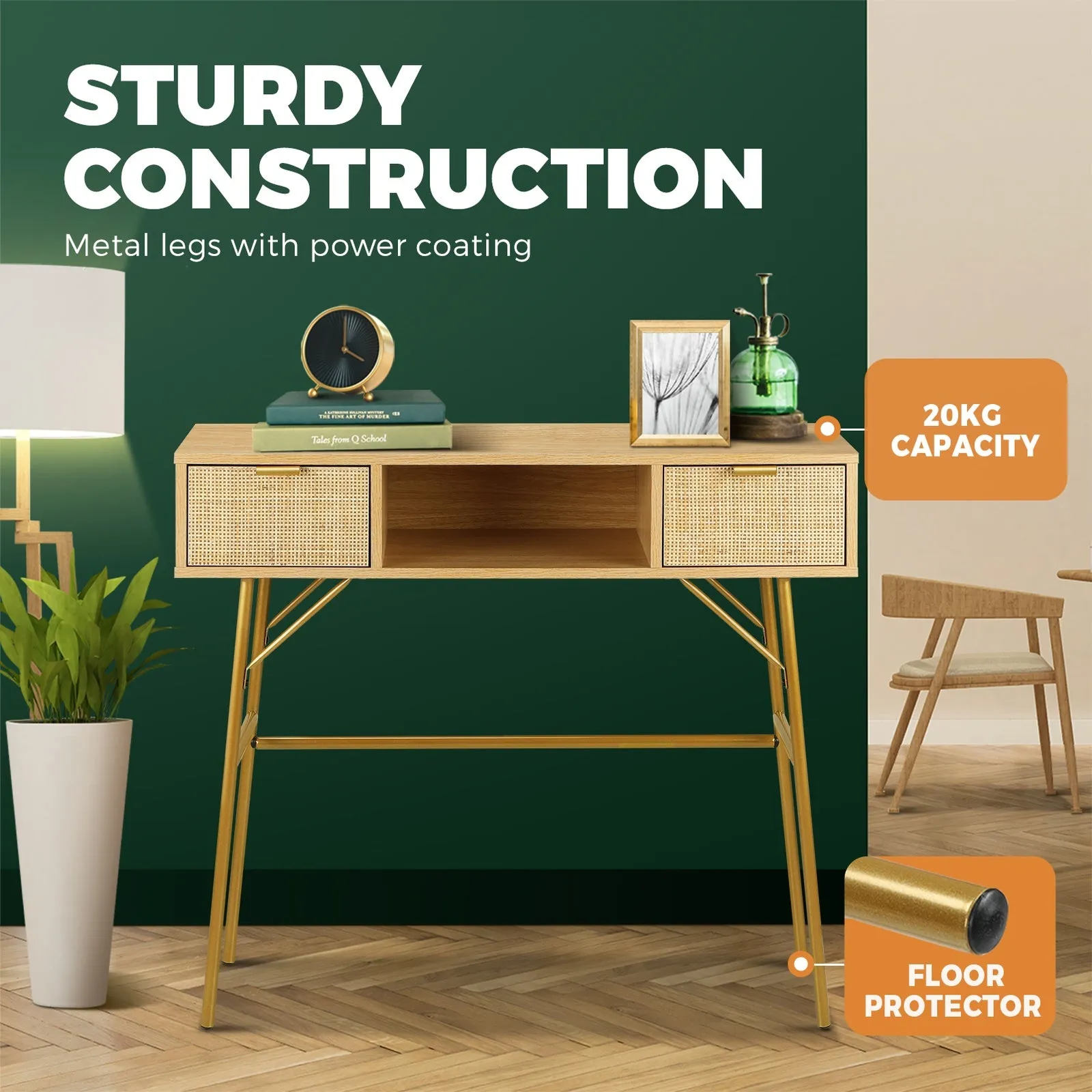 Oikiture Rattan Hall Console Table Hallway Side Desk Entry Display Furniture