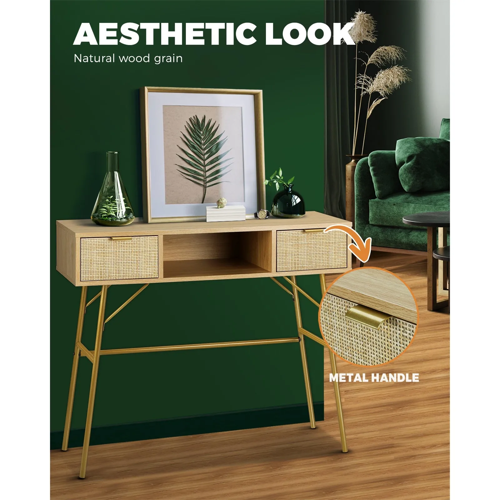 Oikiture Rattan Hall Console Table Hallway Side Desk Entry Display Furniture