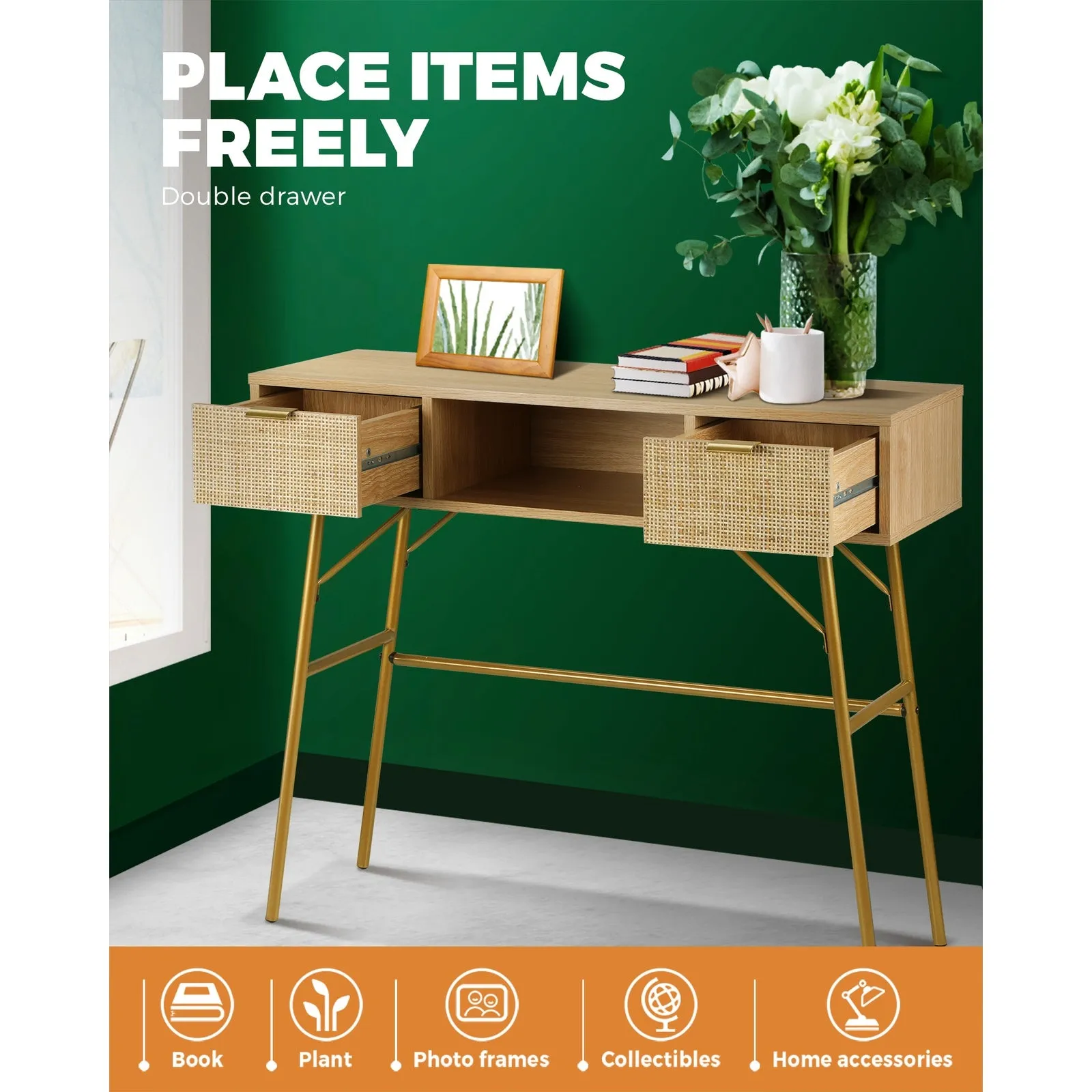 Oikiture Rattan Hall Console Table Hallway Side Desk Entry Display Furniture