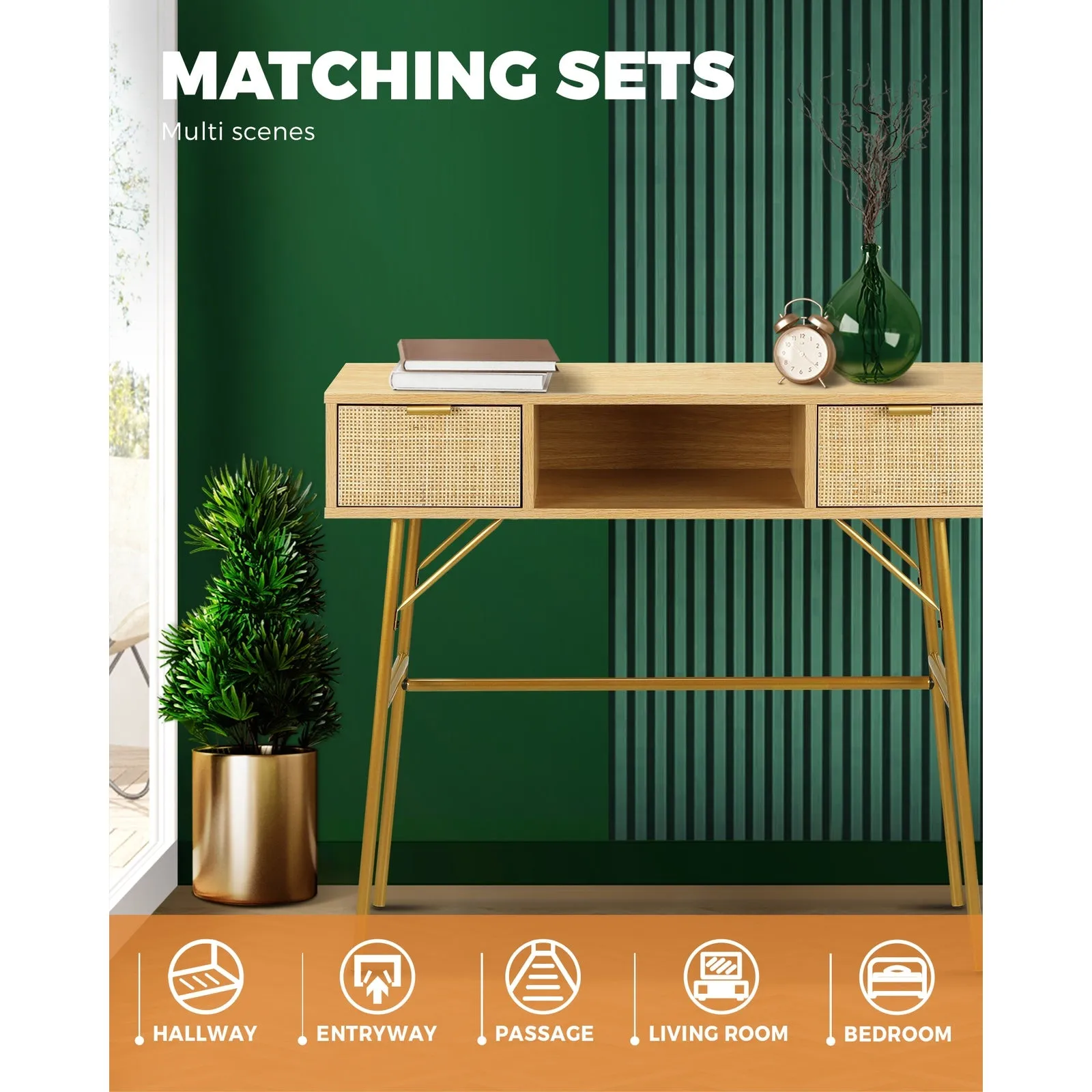 Oikiture Rattan Hall Console Table Hallway Side Desk Entry Display Furniture