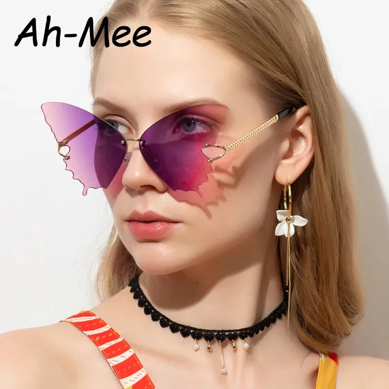 Oversized Butterfly Rimless Cycling Sunglasses Women Brand Steampunk Metal Punk Sun Glasses Vintage Gradient Ocean Lens Eyewear