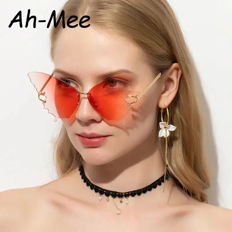 Oversized Butterfly Rimless Cycling Sunglasses Women Brand Steampunk Metal Punk Sun Glasses Vintage Gradient Ocean Lens Eyewear