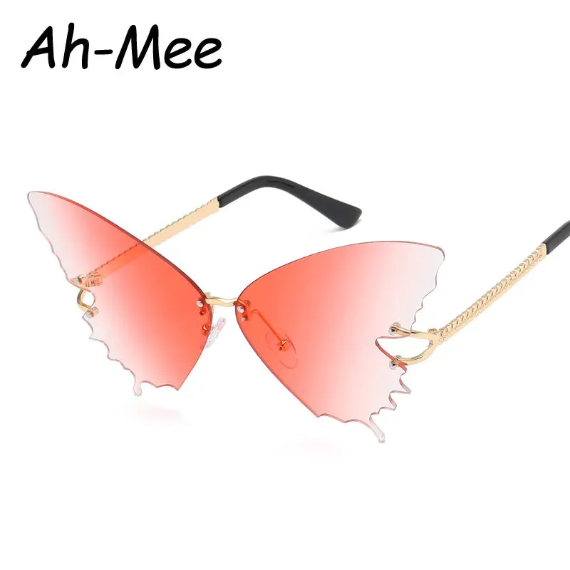 Oversized Butterfly Rimless Cycling Sunglasses Women Brand Steampunk Metal Punk Sun Glasses Vintage Gradient Ocean Lens Eyewear