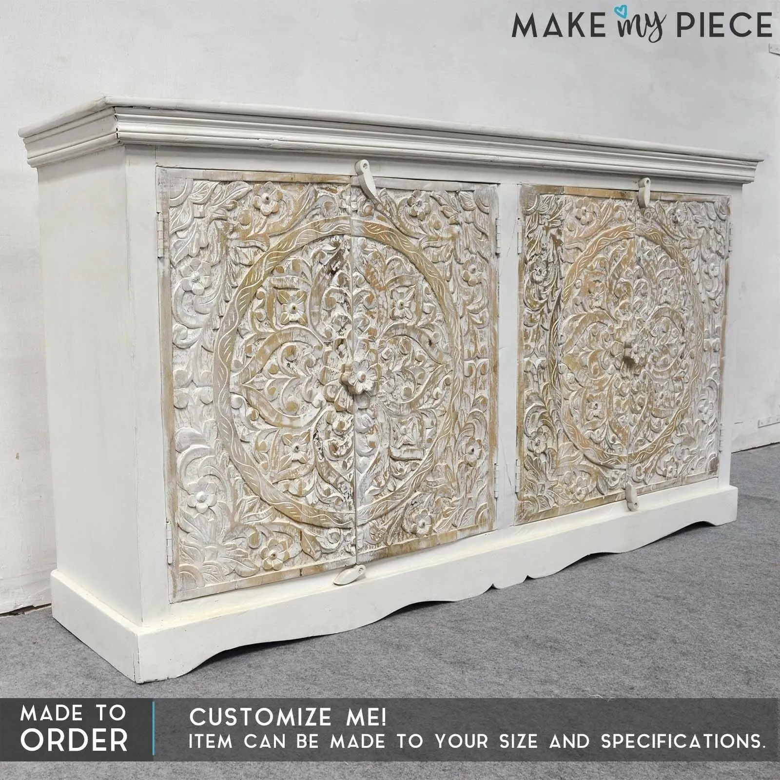Paris INDIAN hand Carved console Sideboard White