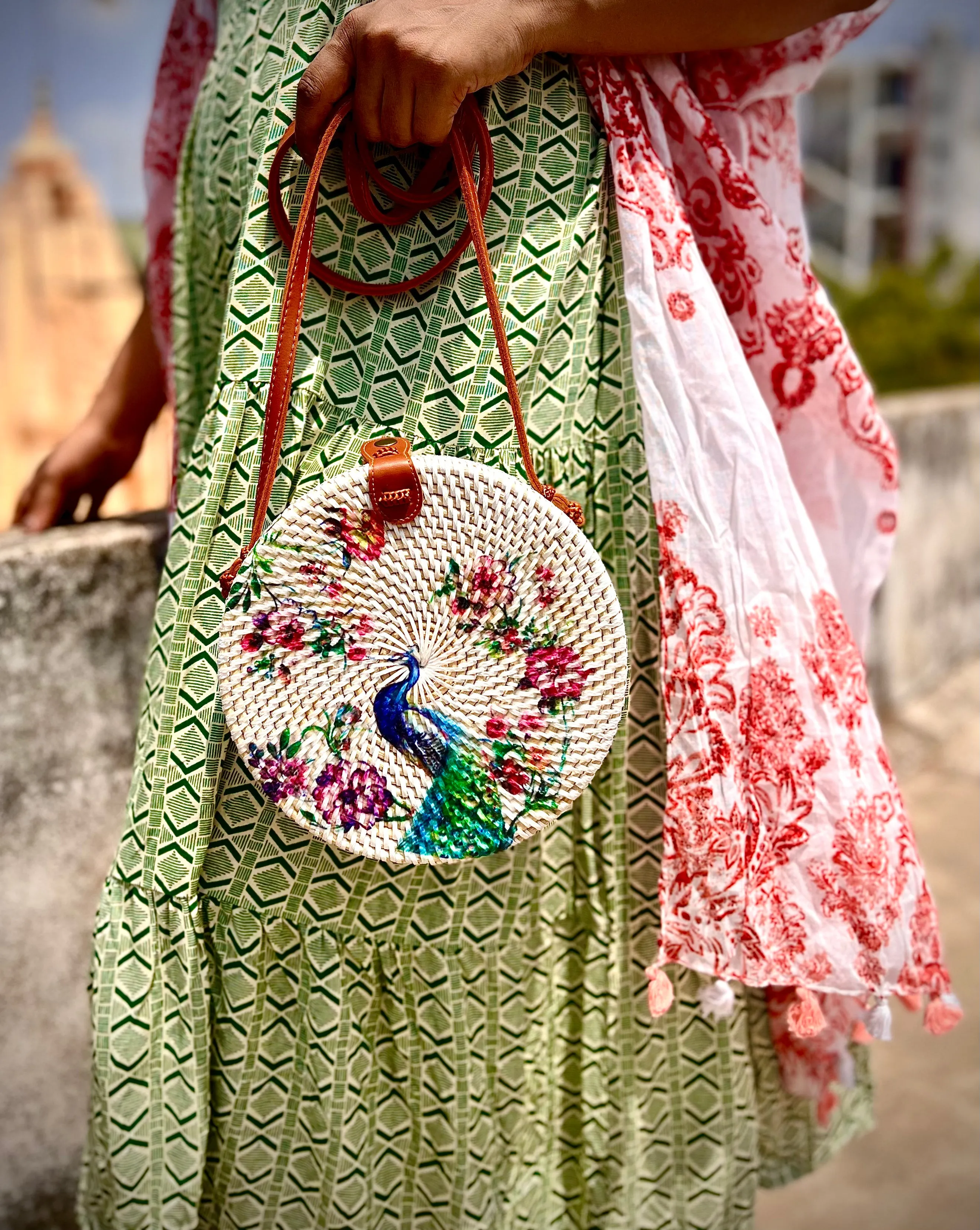 Peacock White Round Sling Bag