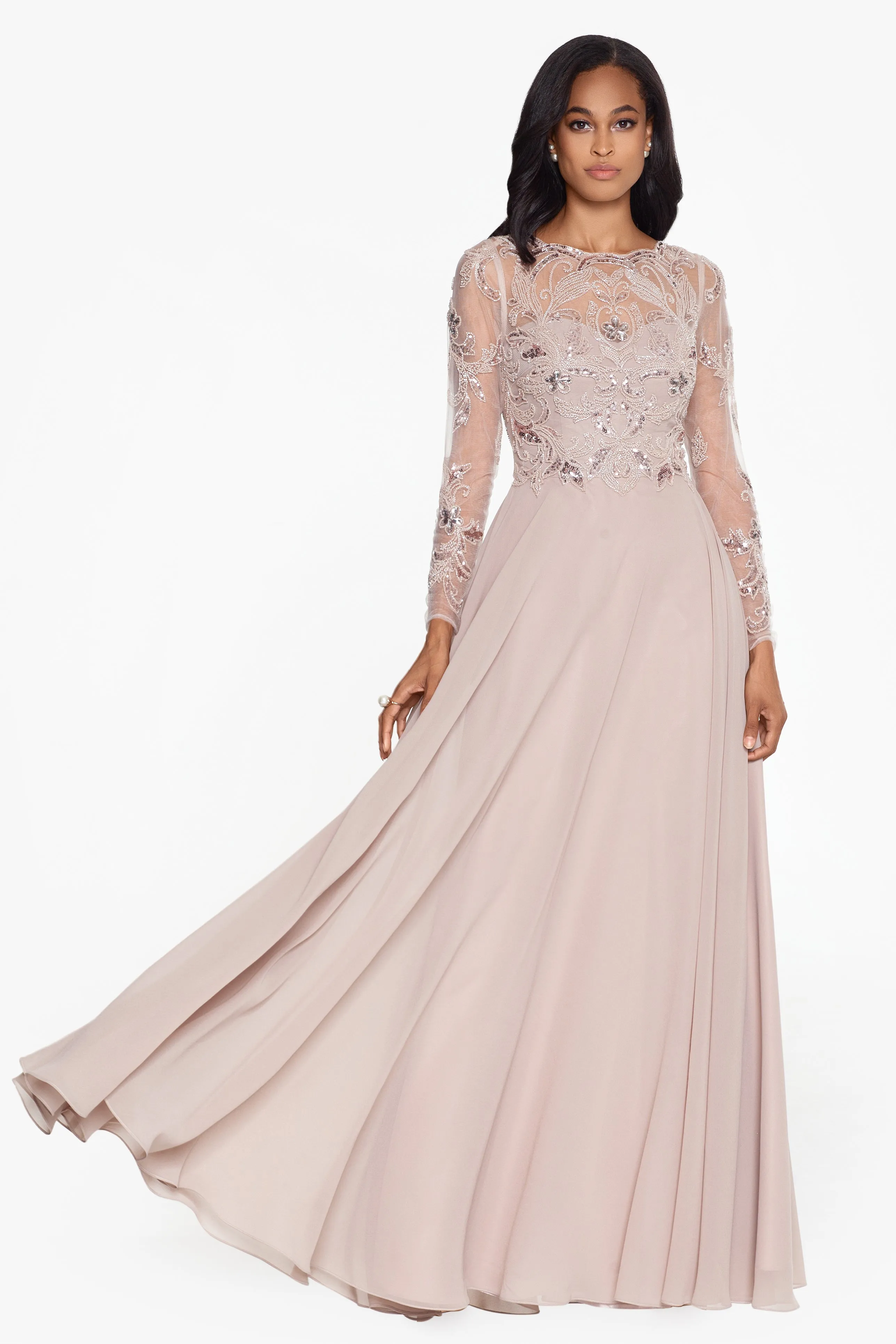 Petite "Mason" Long Chiffon Skirt Beaded Long Sleeve Dress