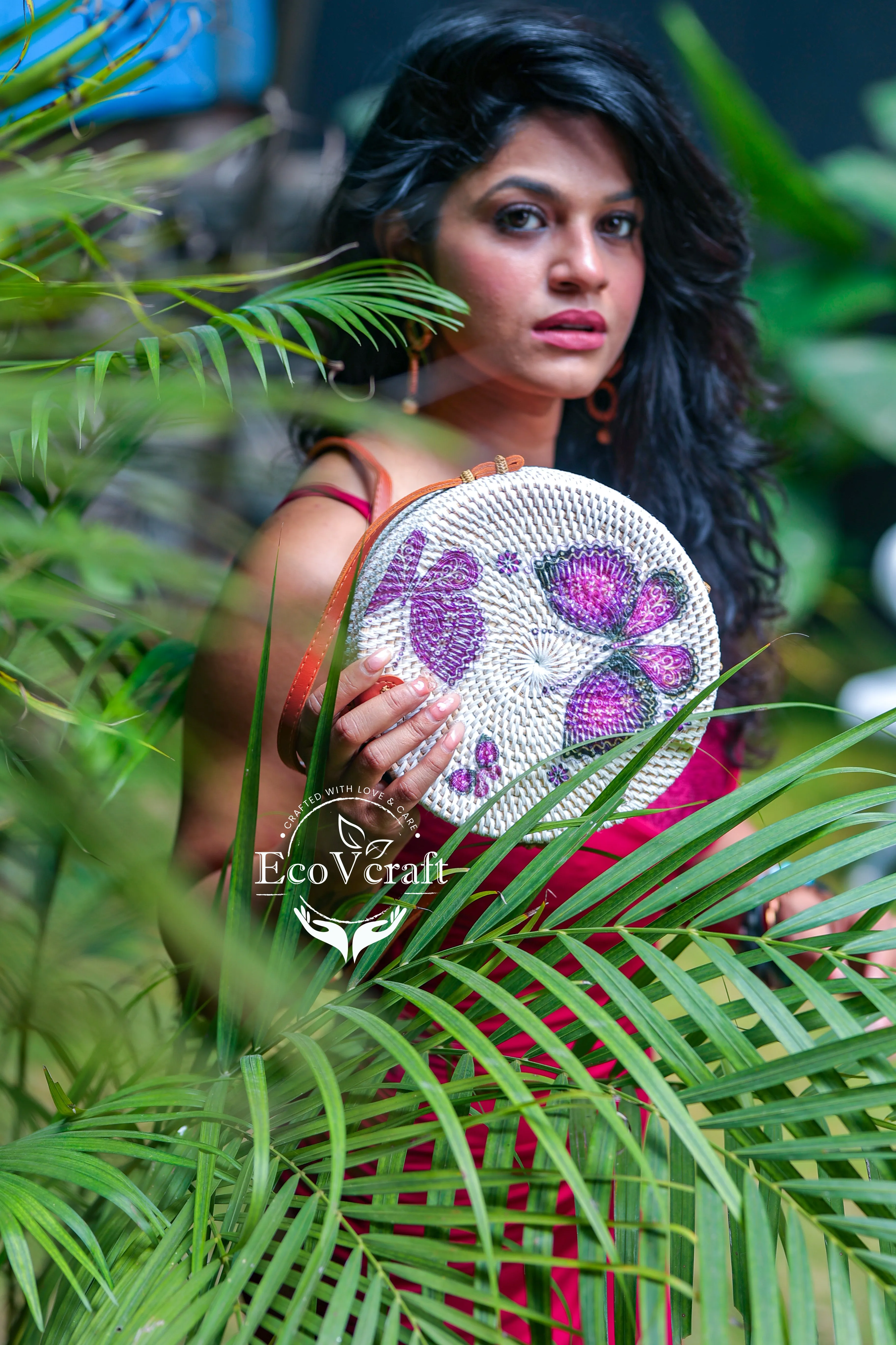 Purple Butterfly White Round Sling Bag