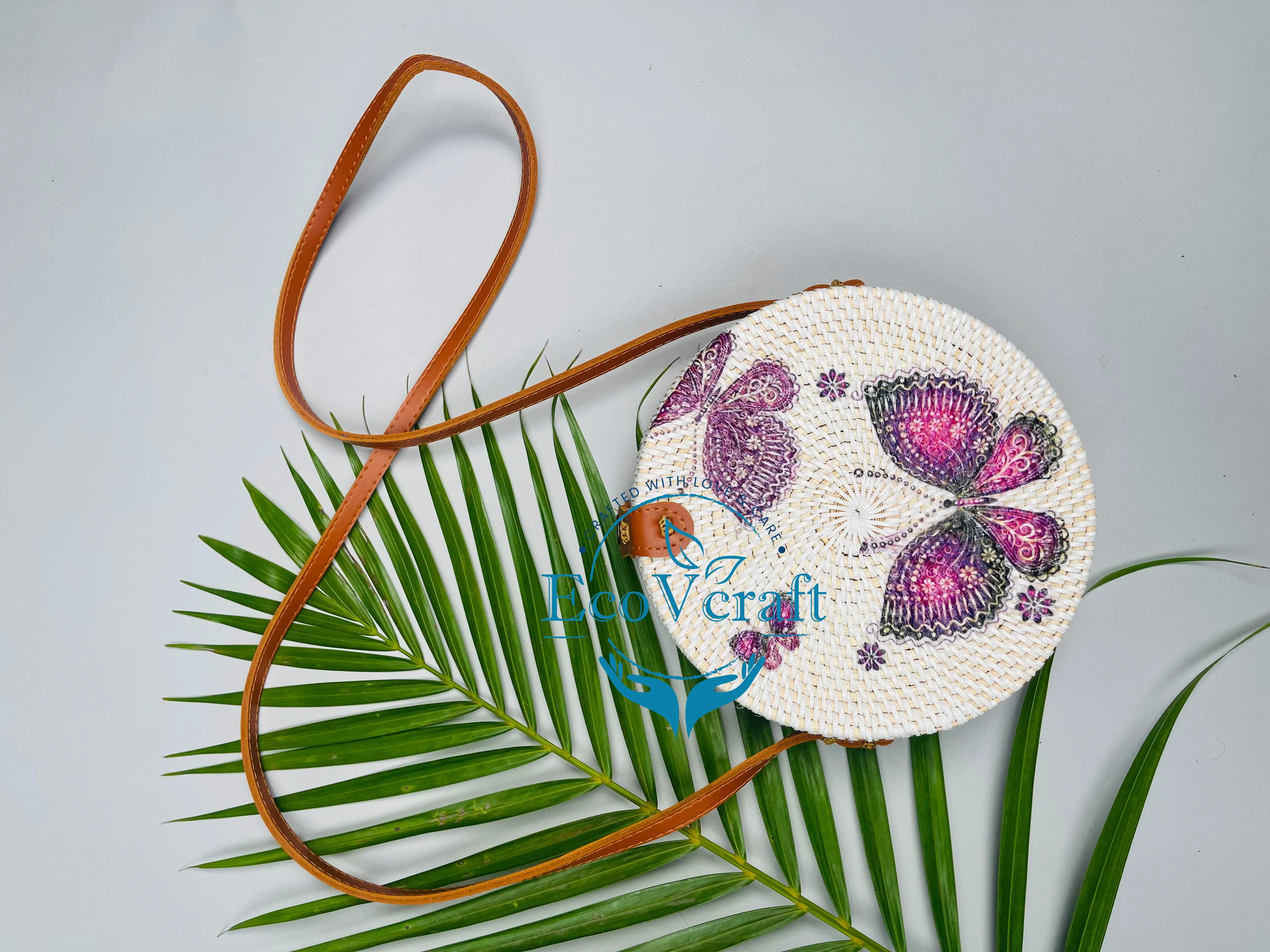 Purple Butterfly White Round Sling Bag