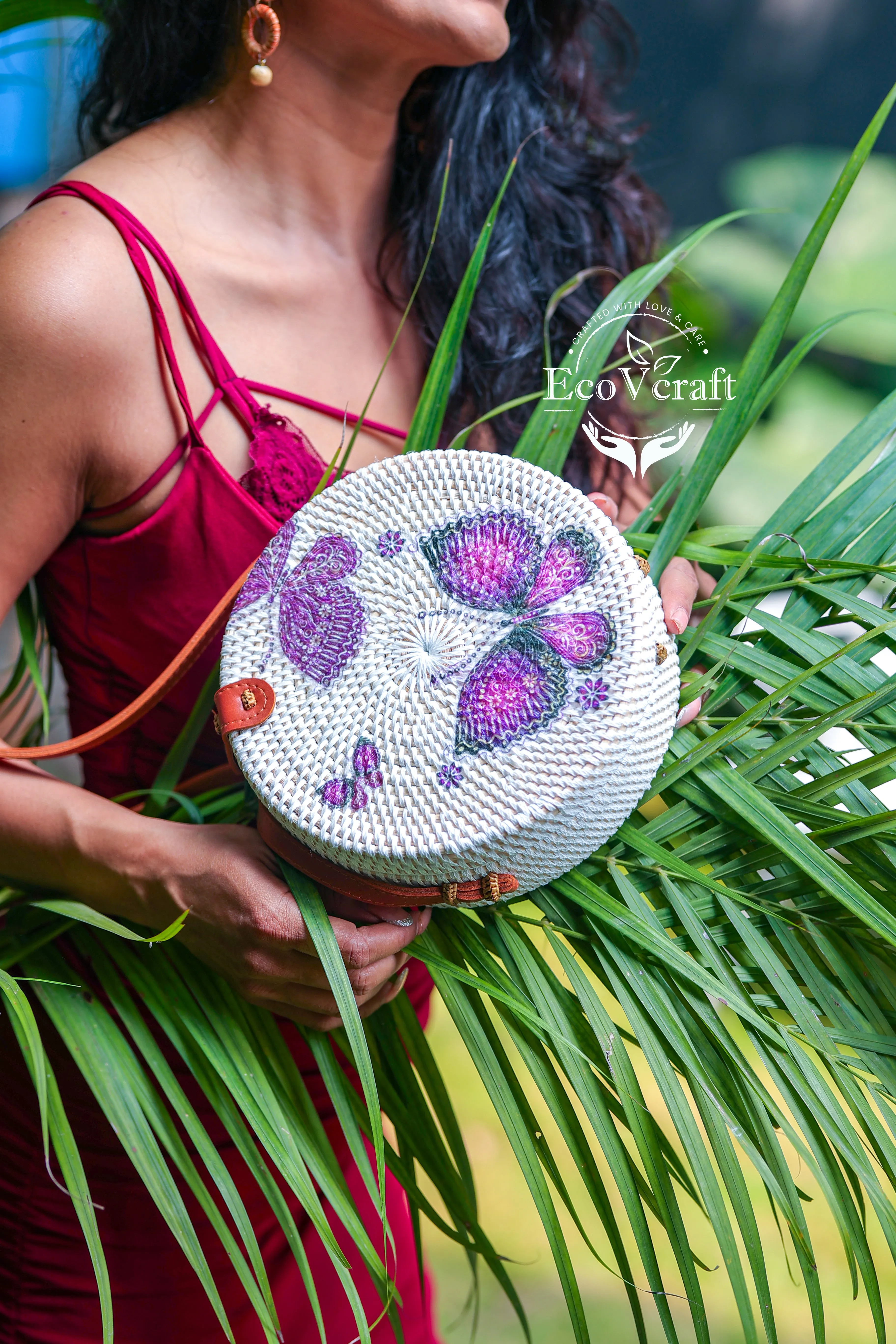 Purple Butterfly White Round Sling Bag