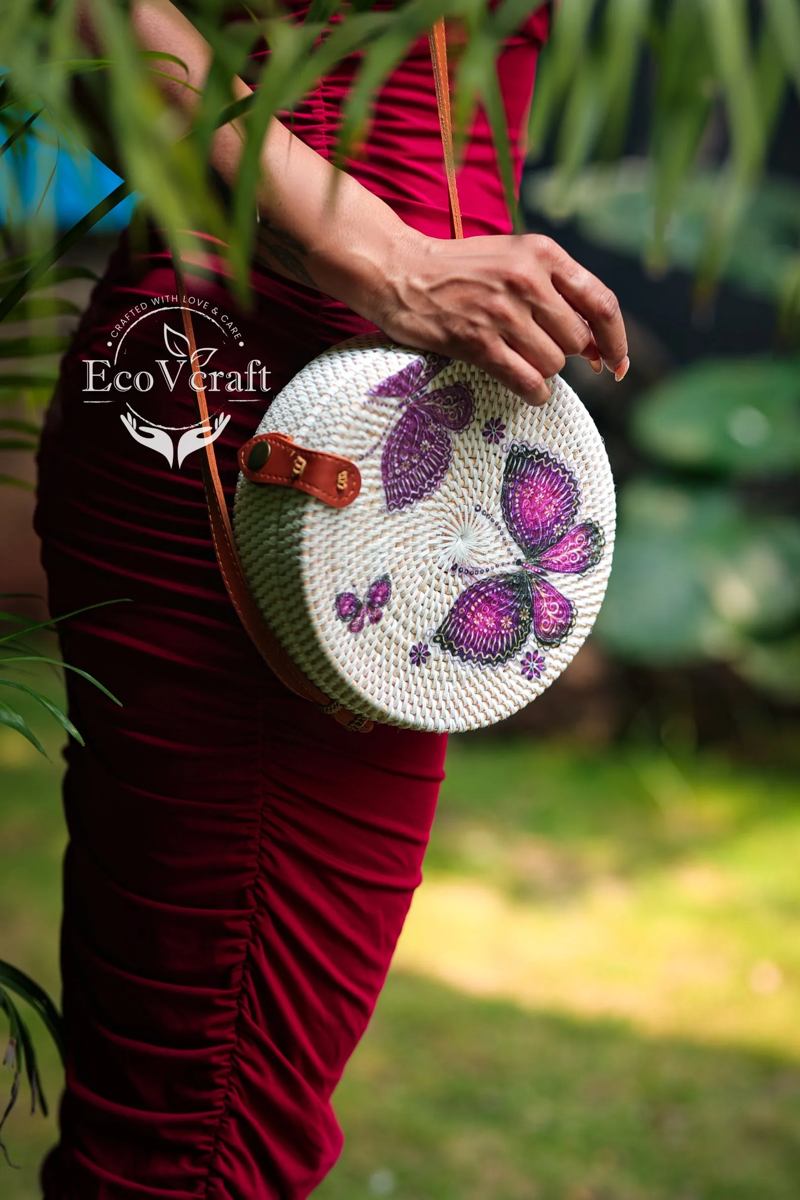 Purple Butterfly White Round Sling Bag