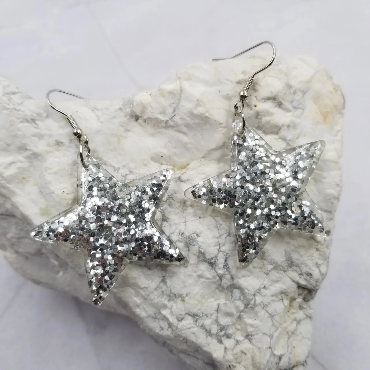 Silver Glitter Star Dangle Earrings