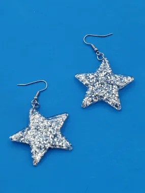 Silver Glitter Star Dangle Earrings