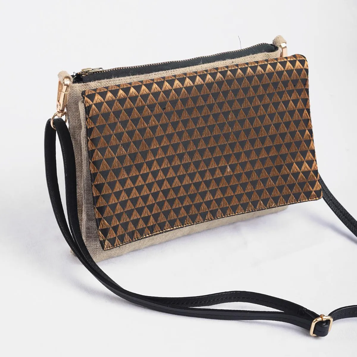 Sling bag, Brocade with pure Linen and pure leather handles