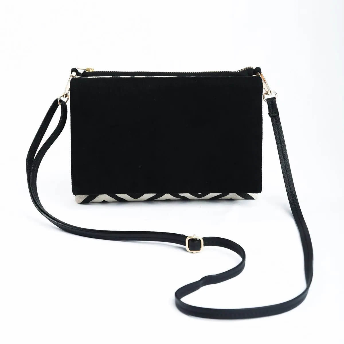 Sling bag, Chevron print canvas with black suede and pure leather handles