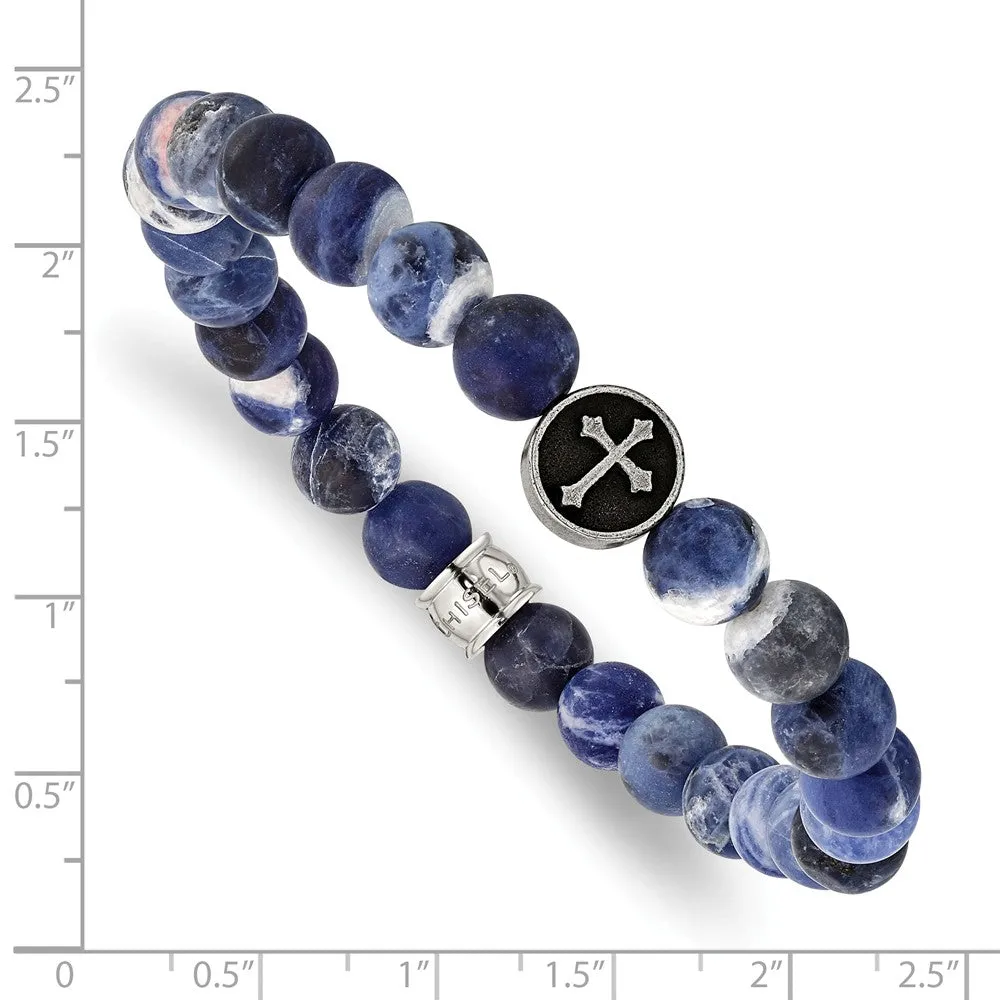 Stainless Steel Antiqued & Brushed Sodalite Beaded Cross Stretch Bracelet