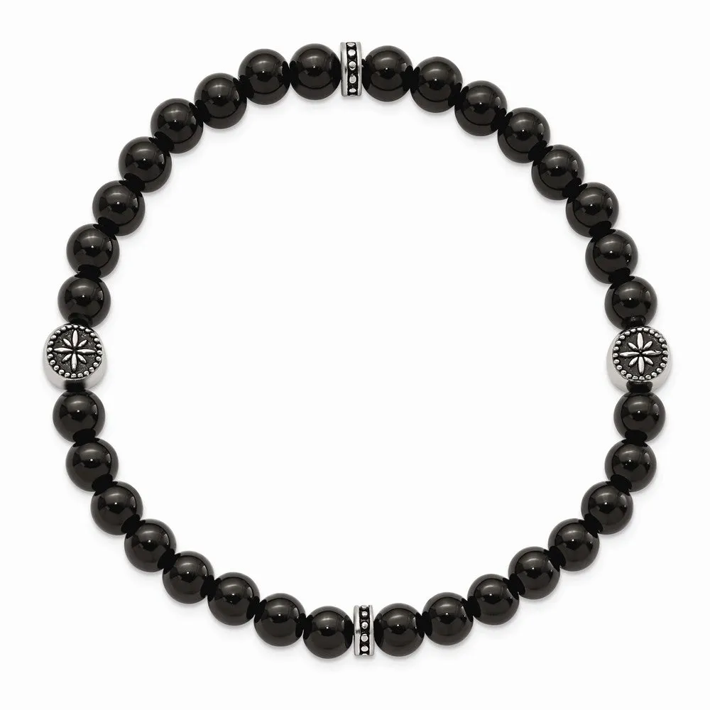Stainless Steel Antiqued & Polished Black Agate Beaded Stretch Bracelet