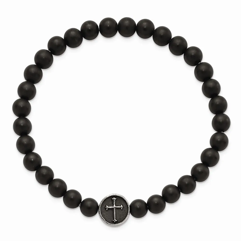 Stainless Steel Antiqued & Polished Black Agate Cross Stretch Bracelet